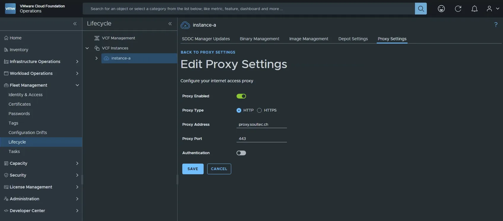 VCF Proxy settings