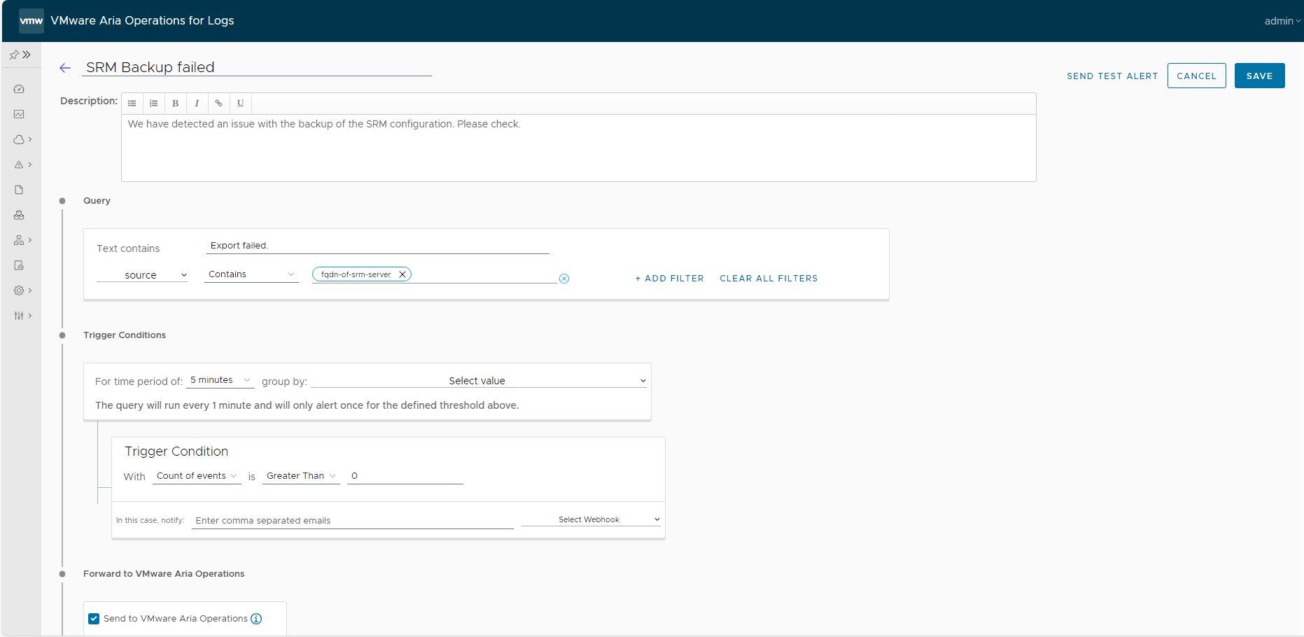Aria Operations for Logs Alert definition 1 of 2