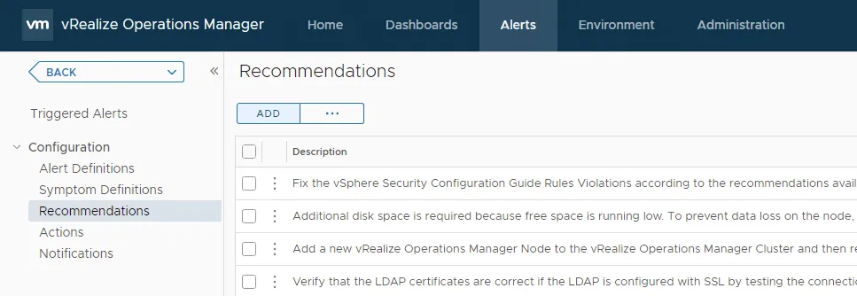Recommendations in vRealize Operations
