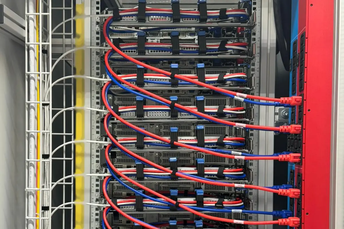 Rear of a server rack at a customer site: each server's red and blue power cables arc down in pairs to the power strip on the right, its data cables bundled in the cable arm